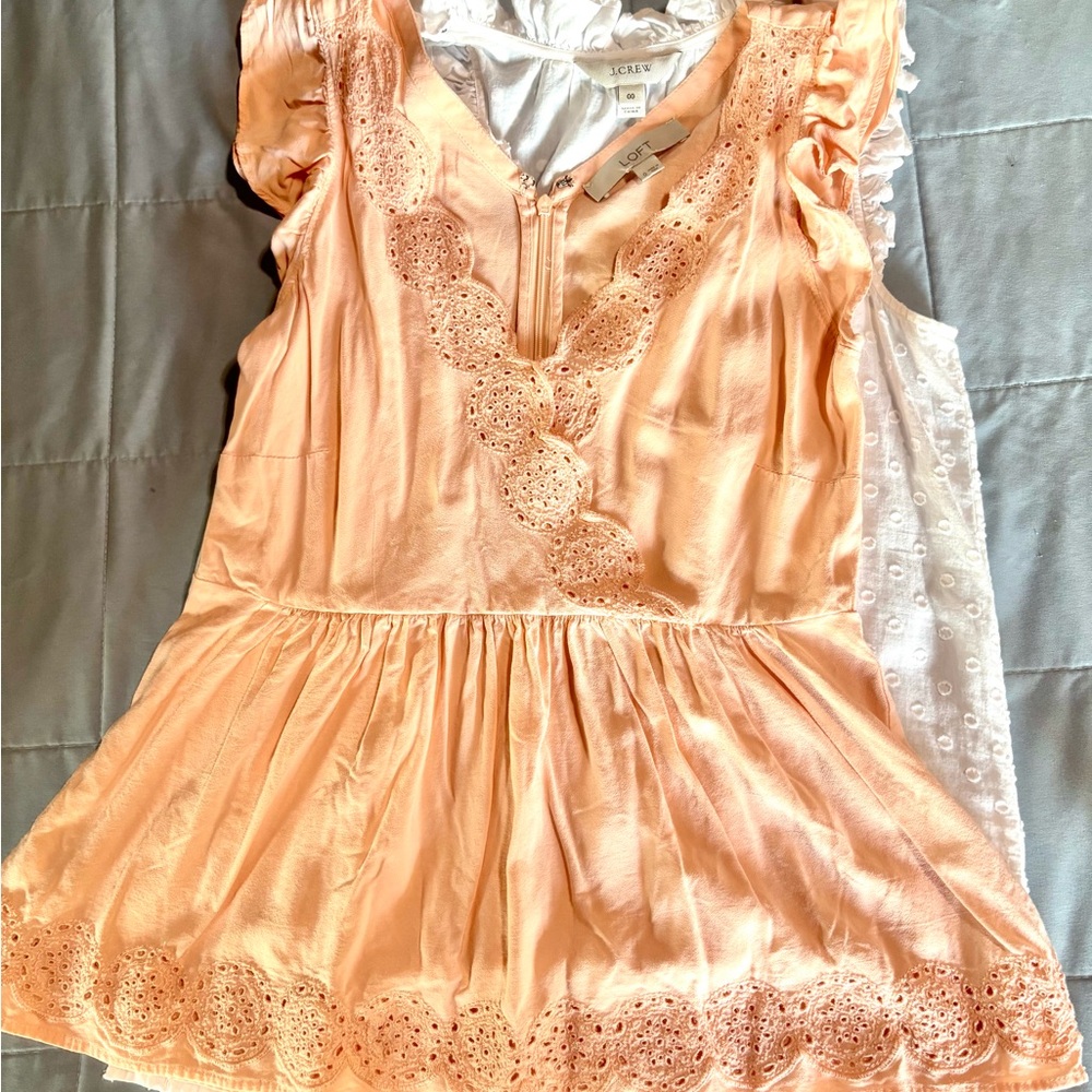 2 Blouses, LOFT Peach & J.Crew White Sleeveless Ruffled Embellished Blouses